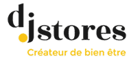 Logo djstores en noir avec un point jaune, et le slogan "Créateur de bien être" en jaune sur un fond vert sombre.