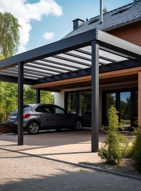 Carport moderne en aluminium noir avec toit transparent abritant une voiture grise devant une maison contemporaine.