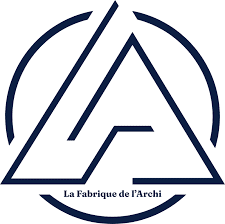 La Fabrique de l'Archi : Logo architecture et design. Logo bleu nuit, design angulaire et architectural en forme de A dans un cercle. Texte : La Fabrique de l'Archi.