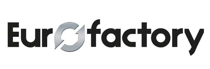 Logo Eurofactory. Le "O" est remplacé par un symbole de flèche circulaire gris métallique, évoquant le recyclage et l'économie circulaire.
