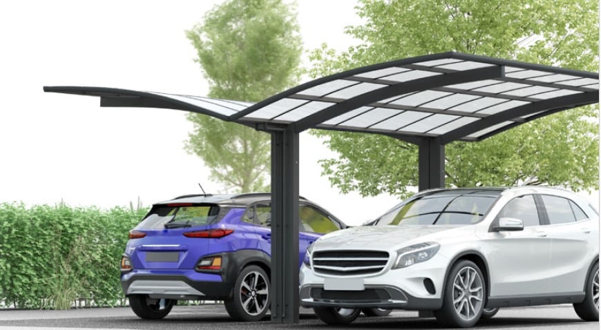 Double carport papillon arqué en aluminium et toit en polycarbonate, sur deux pieds.