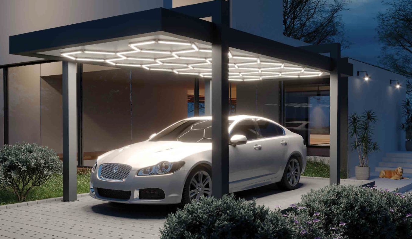Carport moderne en aluminium avec piedqs déportés, avec LED intégrés