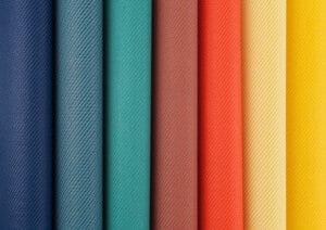 Échantillons de tissus colorés à texture sergée déclinés en nuances de bleu, orange et jaune.