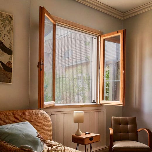 Fenêtre en bois ouverte avec moustiquaire plissée dans un salon cosy avec mobilier vintage.