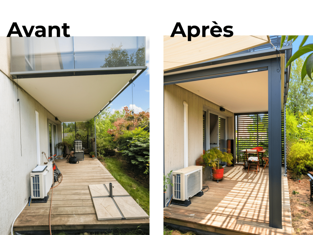 Comparaison avant-après d'une terrasse en bois avec l'installation de store verticaux sur mesure