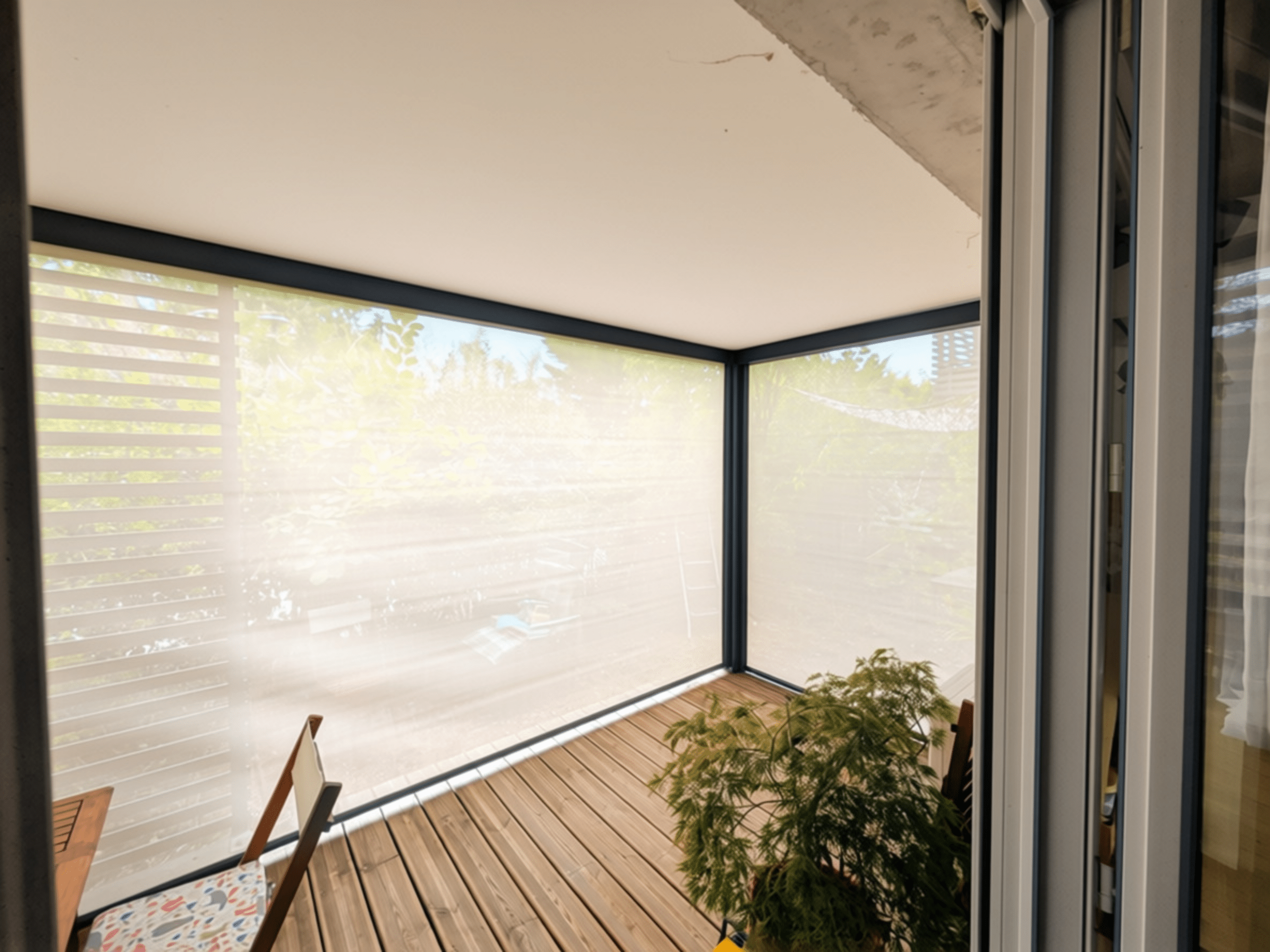 Aménagement sur mesure de terrasse, avec des stores verticaux électriques en toile